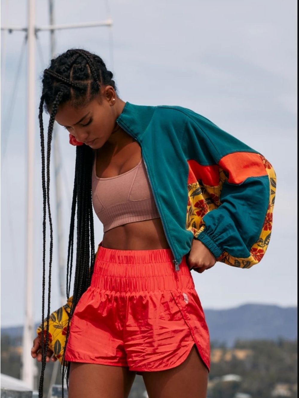 Free People Movement Teal Colorblock Floral-Sleeve Bomber Jacket - Women's
